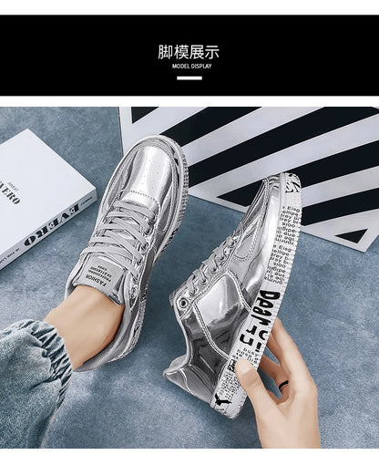 New Gold Sneakers Couple Shoes Luxury Casual Glitter Sneakers Men Hip-hop Streetwear Skateboard Shoes Men Flat Designer Footwear