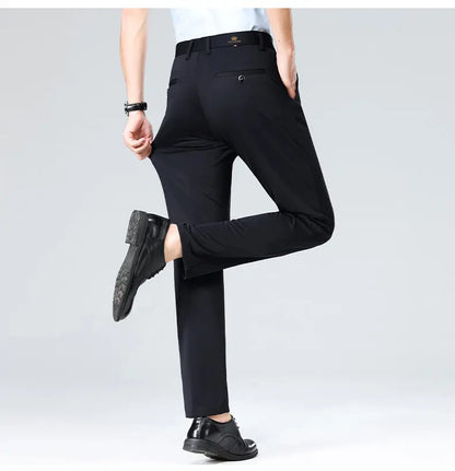 High-stretch fabric men's business trousers suitable for all seasons, featuring an elastic waistband and classic office/work for