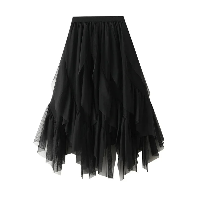 Women's Lotus Leaf Edge A Line Fairy Elastic Waist Tulle Skirt Midi High Waist Mesh Dress Solid Color Irregular Yarn Skirt D8808