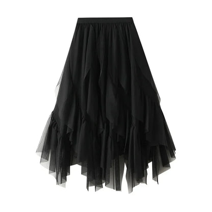Women's Lotus Leaf Edge A Line Fairy Elastic Waist Tulle Skirt Midi High Waist Mesh Dress Solid Color Irregular Yarn Skirt D8808