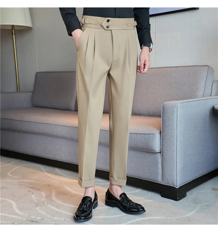 British Style Autumn New High Waist Trousers Men Belt Design Slim Fit Suit Pants Office Social Wedding Party Formal Pants Hommes