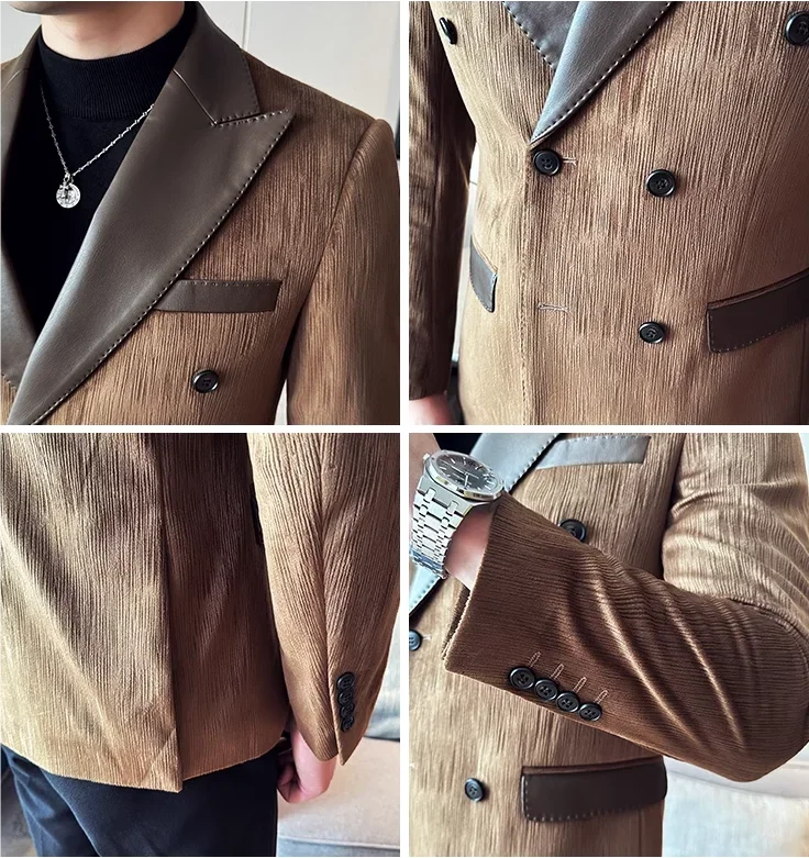British Style Luxury Men Double Breasted Suit Jacket High Quality Fashion PU Leather Neck Spliced Coats Groom Social Party Dress