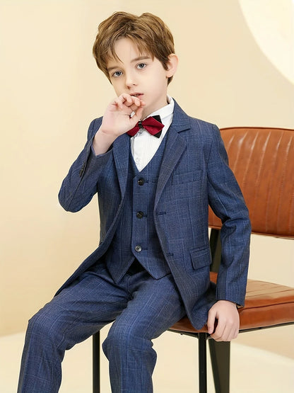 Boys Plaid Suit 3 Piece Jacket Vest Pants Wedding Birthday Party Ceremony Competition Size 4-16Y Teen Suit