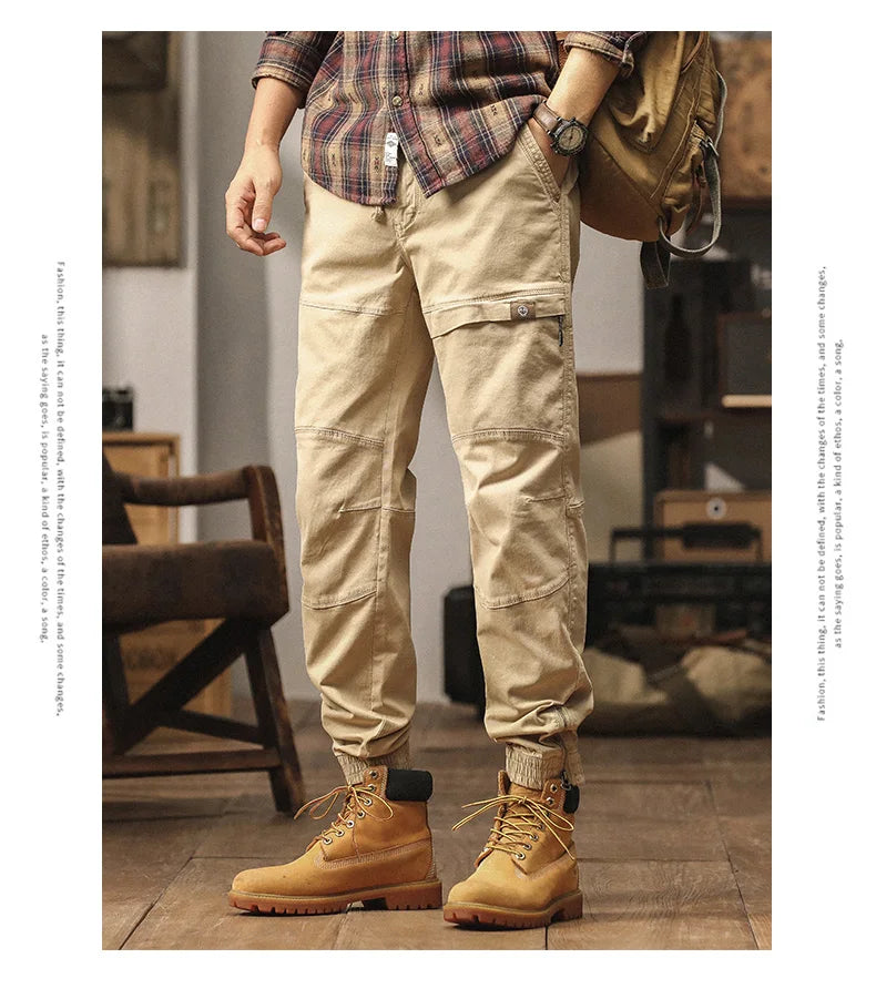 Cotton Men's Cargo Pants Elastic Waist Stretch Trouser Male Multi Pocket Casual Jogger Fit Ankle Length Zipper Purple Drawstring