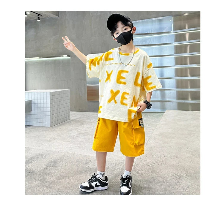 New Fashion Tween Boys Summer Sets Clothing Kids Cotton T-shirt Shorts 2 Pieces Tracksuit Age 5 6 7 8 9 10 11 12 13 14 Years Old