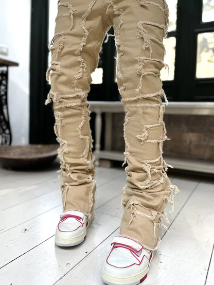 New European and American Heavyweight Streetwise Stretch Patch Jeans for Men, High Street Straight Fit Long Jeans16-3001