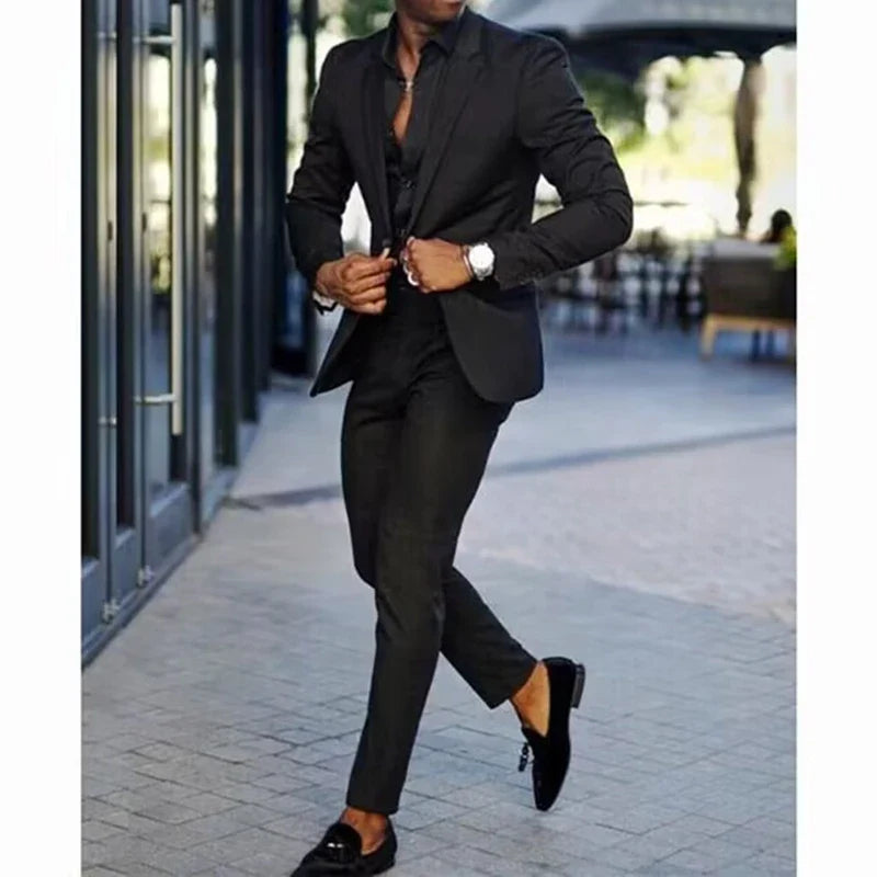 Casual 2 Piece Men Suits Slim Fit Notch Lapel Single Breasted Jacket Wedding Groom Tuxedos Business Suits Set (Jacket+Pants)