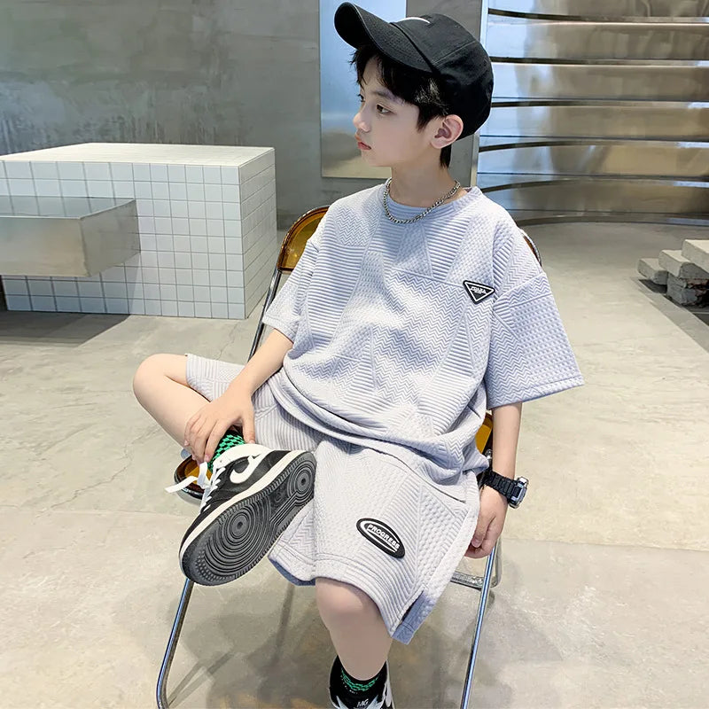 Summer Casual Boys Jacquard Loose T-Shirt Tops+Shorts Pant School Kids 2PCS Tracksuit Child Outfits Student Workout Set 3-14 Yr