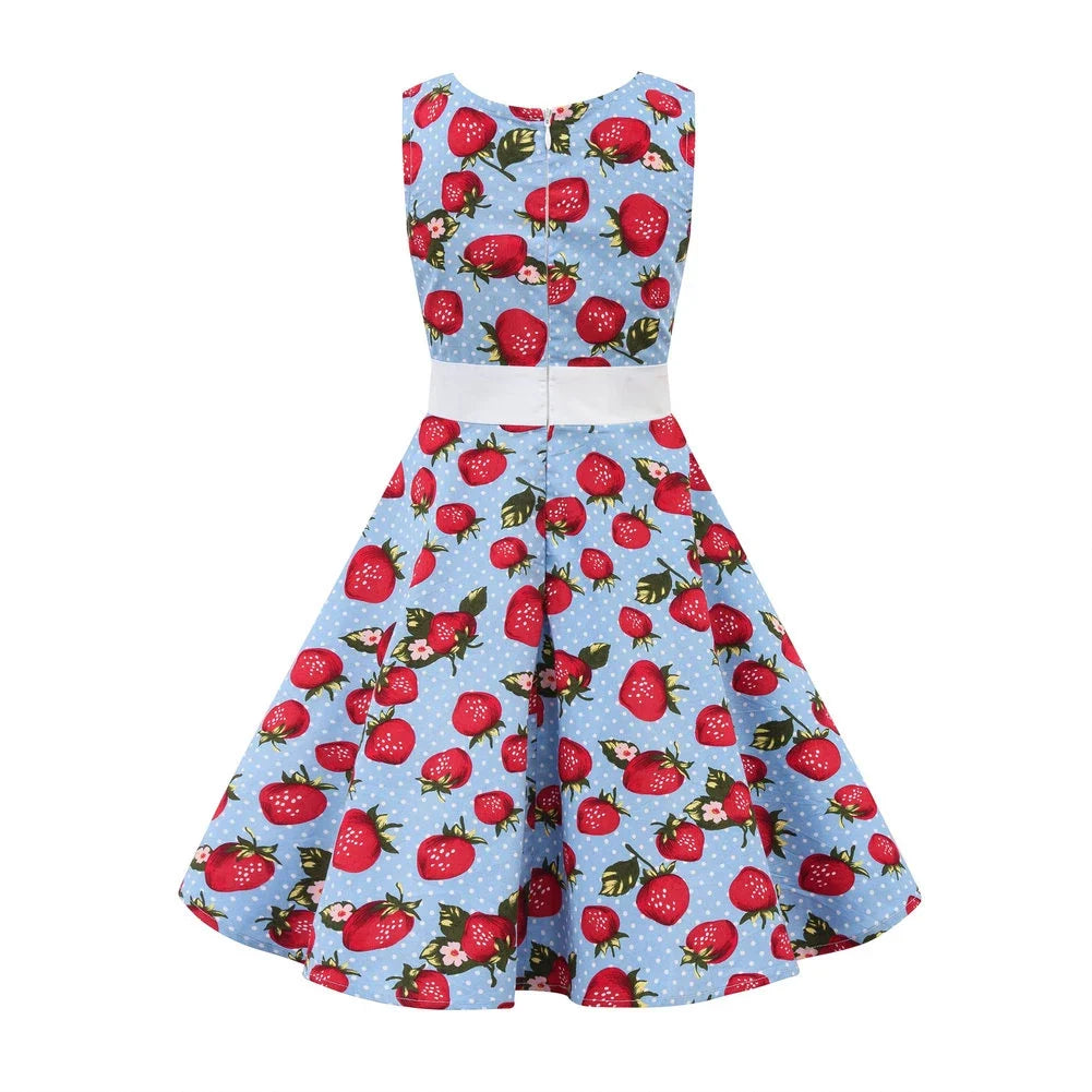 LPATTERN Girls' Vintage Rockabilly Dress Party Retro Polka Dot Floral Pattern A-line Dresses Pleated Skirt Knee-Length for 4-10Y