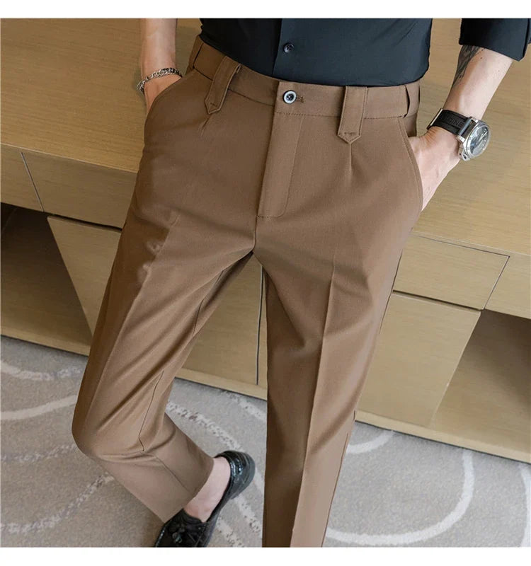 Elastic Waist Solid Color Suit Pants Men Formal Slim Fit Business Casual Trouser High Quality Social Wedding Fashion Dress Pant
