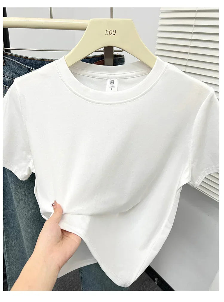 2026 Summer New High Quality Casual Plus Size T Shirt Sexy Short Sleeved Sleeves Fashion Trend Solid Women Clothing Y2k Tops