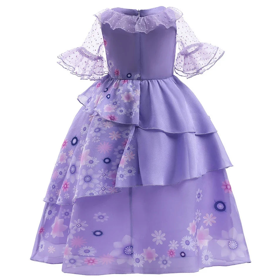 Kids Isabela Dress Children Summer Floral Swing Flared Costume Girl Encanto Cosplay Outfit Madrigal Halloween Clothes 3-12Y