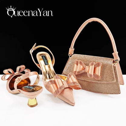 Queena Yan 2025 Newst Italian Butter-fly Design Party Wedding Pointed Toe Slingback Sandals with Bag Set in Sky Blue Color