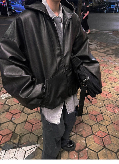 Spring Autumn Short Oversized Black Soft Pu Leather Jacket Men with Hood Zipper Loose Casual Korean Fashion Clothes