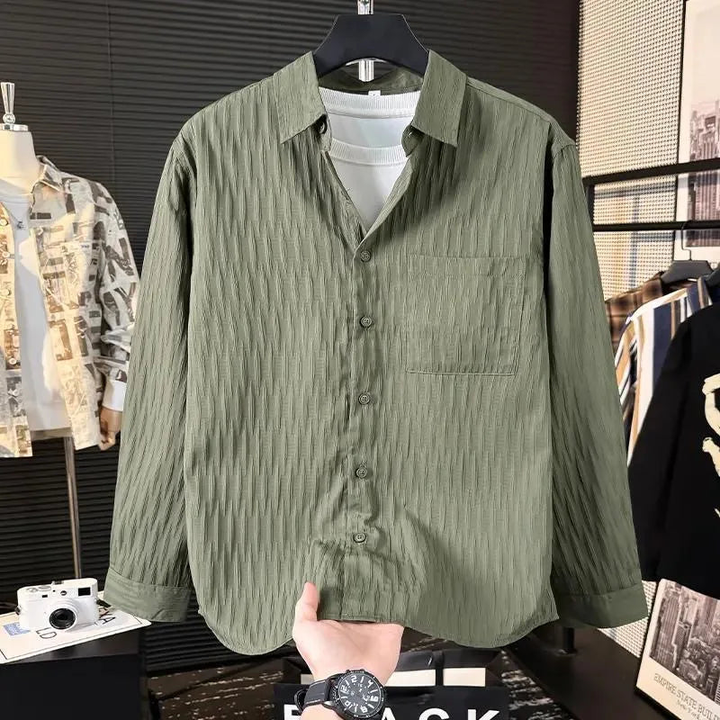 Casual Ice Silk Bubble Men's Anti-Wrinkle Summer Loose Fashionable Long Sleeve Shirt Urban Style Flip Collar Button Closure