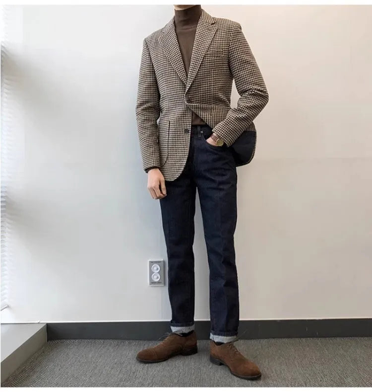 Autumn and Winter Casual Men's Retro Tweed Houndstooth Suit Men's Plus Size Outwear British Gentleman Wool Suit Trendy