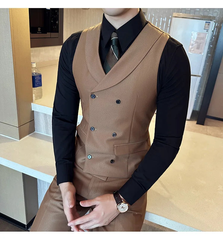 ( Vest + Pants) Men's Double-breasted Suit Vest 2 Pieces Set High Quality Business Casual Fashion Groom Wedding Dress Vest Sets