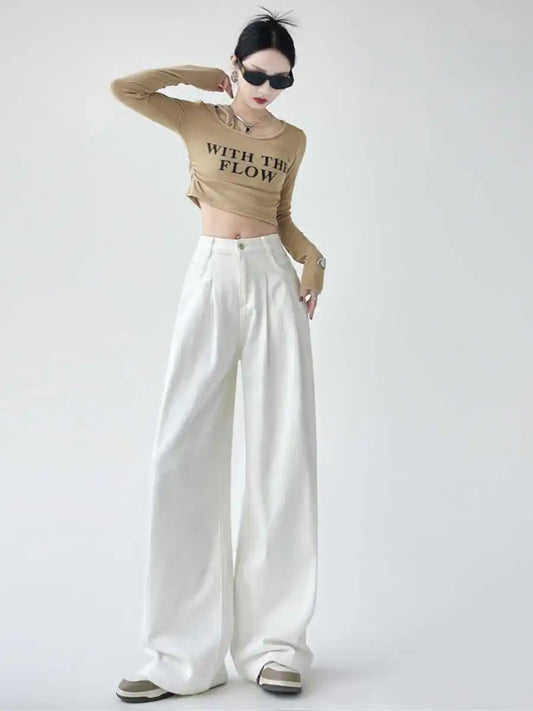 White Thin Pleated High Waist Non-Light Wide Leg Jeans Women's American High-End Loose Straight Lazy Floor-Length Pants