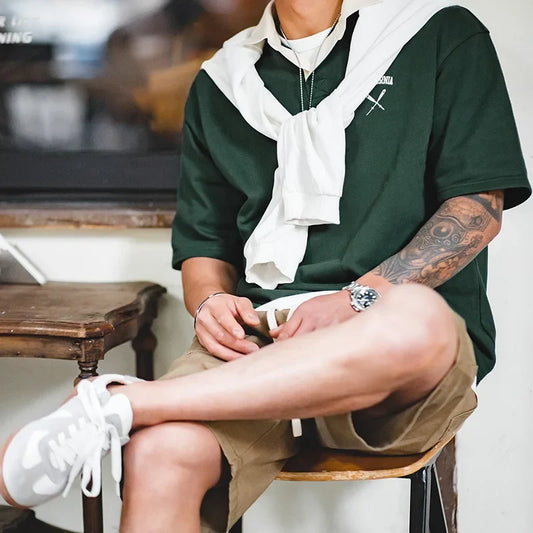 Contrasting Color Short Sleeve T-shirts for Men Summer Green Loose Fit Polo Shirt Casual Embroidery Tee Tops for Daily