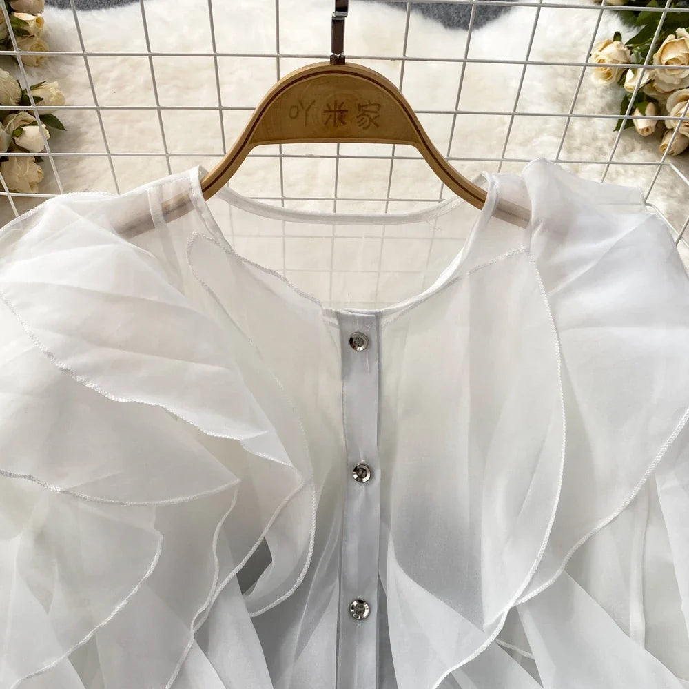 Autumn Blouse for Women Fashion O-neck Long Puff Sleeve Flounced Edge Shirts French Chic Versatile Female Tops Dropshipping