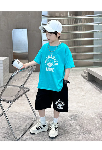 Summer Boys Cotton Leisure Print T-Shirt Top+Shorts Pant Contrast Set School Kids 2PCS Tracksuit Children Vacation Outfit 5-16Yr