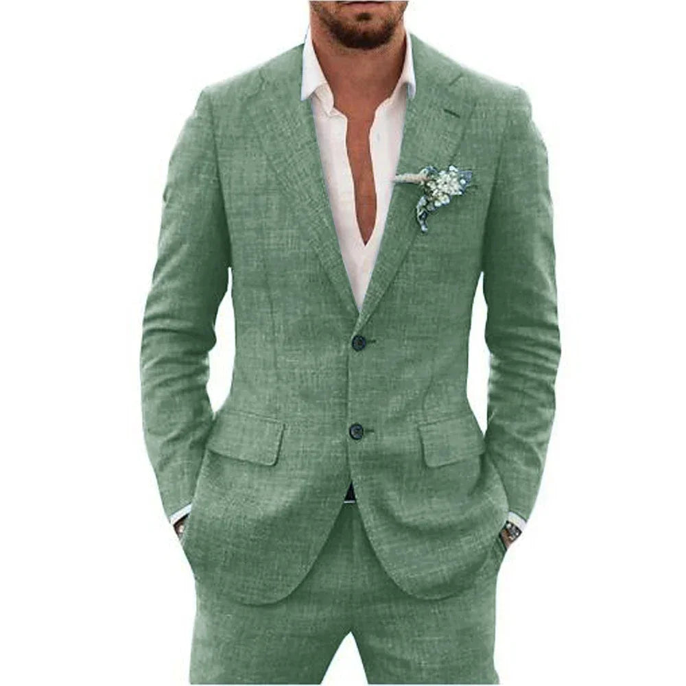 High Quality Linen Suits for Men Two Piece Formal Notch Lapel Single Breasted Male Suit Beach Casual Elegant Wedding Tuxedo