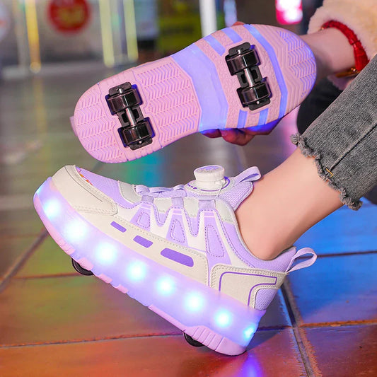 Boys Girls Roller Shoes Pink Blue Four Wheels Luminous Glowing Kids Outdoor Sport Casual Shoes USB Children Led Sneakers Shoes