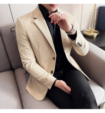 Bright Silk Thousand Bird Grid Suit Jacket Korean-style Business Fashion Slim Fit Single Breasted Men Social Party Dress Coats