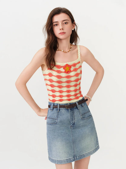 Color Clash Floral Contouring Knit Strapless Backless Top 2026 Summer New Arrival for Women's Modern Fashion Unique Design