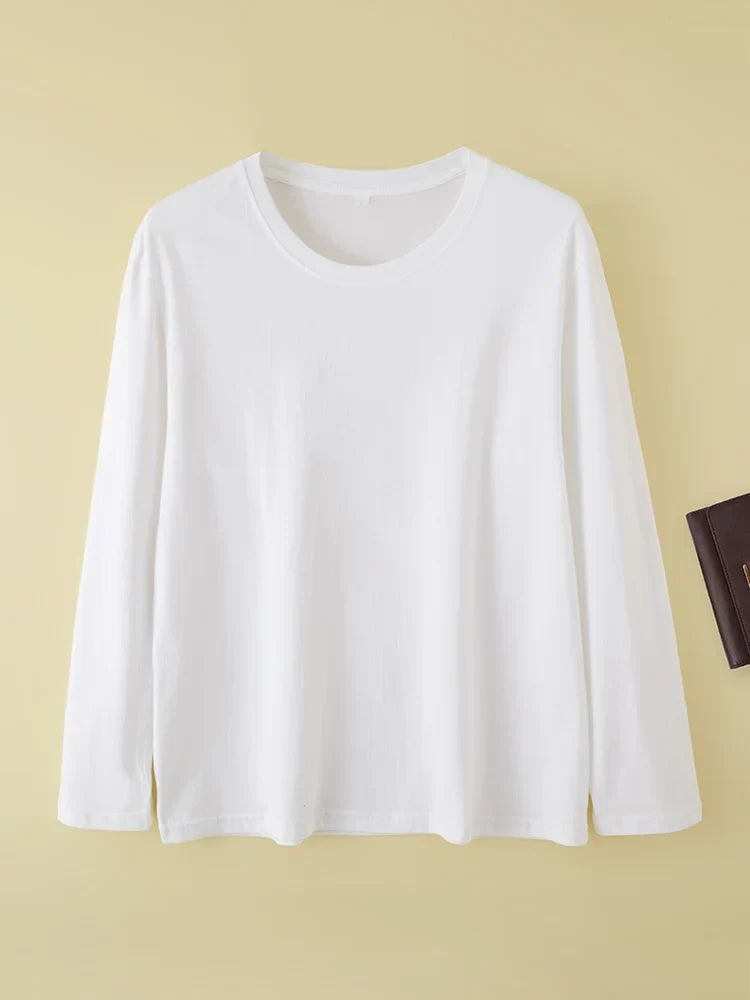 Women T-shirts Long Sleeve Solid O-neck Tops Cotton White Bottoming Shirts Spring Autumn T-shirts Harajuku Tees Loose Tshirt