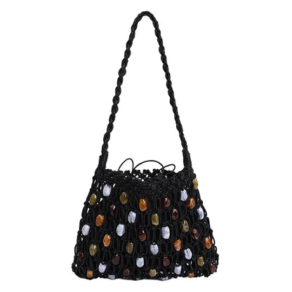 Hollow Beading Women Shoulder Bag Rope Knitting Handbags Bohemian Crochet Mesh Bags for Women Small Woven Beach Bag Flap Tote
