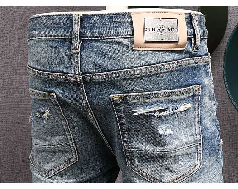 Street Fashion Men Jeans Retro Blue Stretch Slim Fit Hole Ripped Jeans Men Patched Designer Hip Hop Vintage Denim Pants Hombre