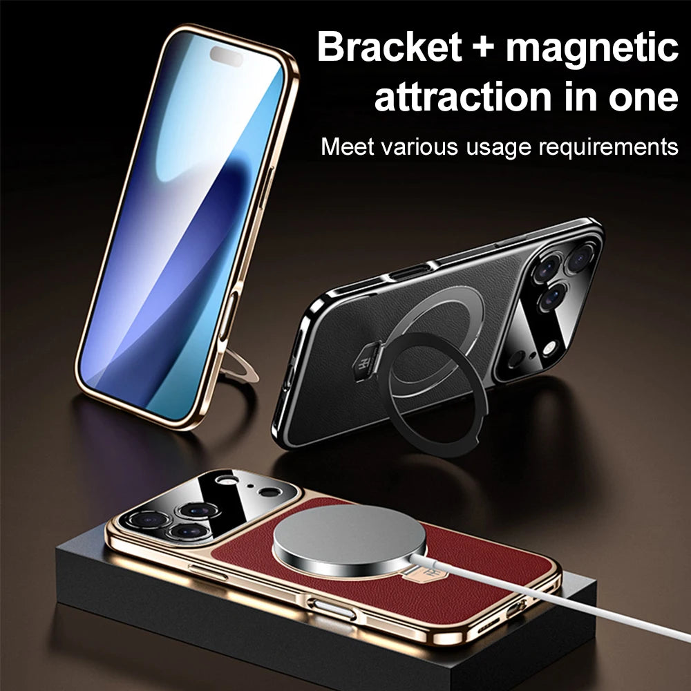 Magnetic Bracket Leather Phone Case For iPhone 17 Pro Max Air 16 15 14  17promax 16promax Magsafe Shockproof Funda Cover