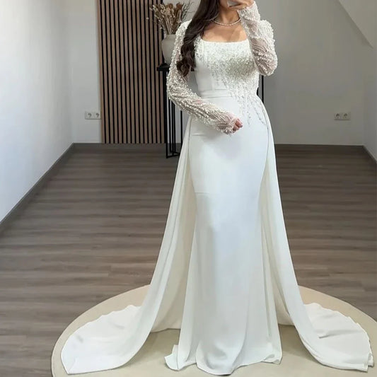 Luxury Square Collar Evening Dress Beading Lace Mermaid Floor Length with Sweep Train Customized Long Sleeve فستان سهرة نسائي