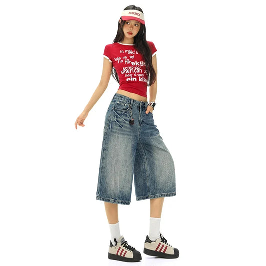 Vintage Washed Loose Straight Leg Denim Capri Men Women Lightning Print Streetwear Shorts