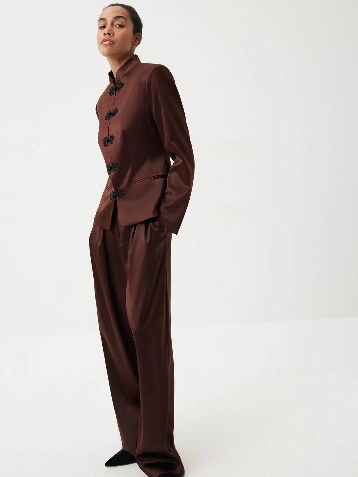 Women's Spring Summer Mandarin Collar Frog Button Cropped Chinese Style Blazer Casual 2026 Trendy Feminine Fashion Coat