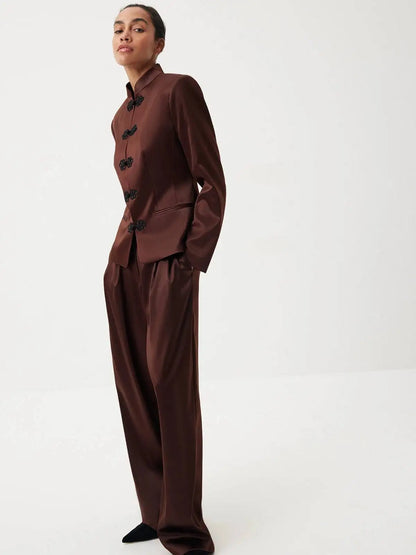 Women's Spring Summer Mandarin Collar Frog Button Cropped Chinese Style Blazer Casual 2026 Trendy Feminine Fashion Coat