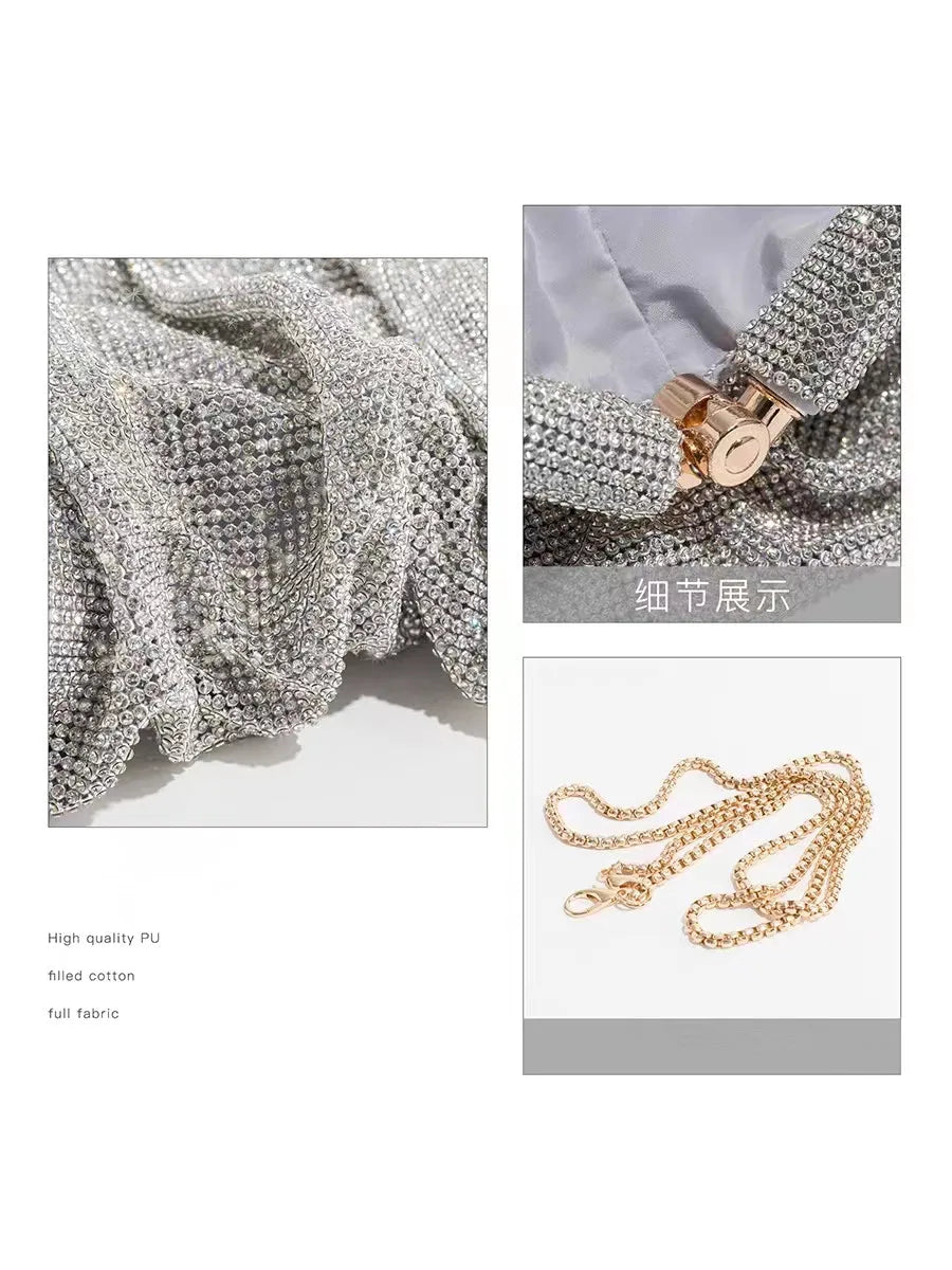 Shiny Silver Rhinestone Clutch Bags Women 2023 Luxury Designer Trending Boutique Folds Crystal Purses and Handbags Wedding Party