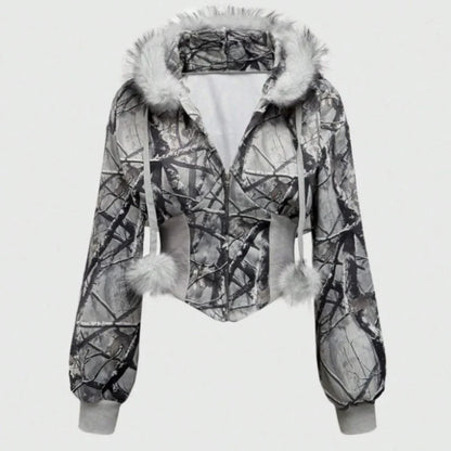 Winter Warm Gothic Print Hoodie Women's Clothin Faux Fur Crop Top Zip-Up Sweatshirt Fashion Y2K Streetwear Hooded Jacket 2026New
