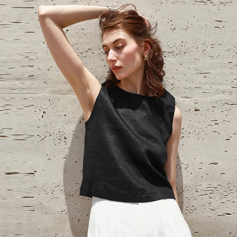 100% Linen Reversible Wear Crop Tops Women Solid Color Summer New Office Ladies Vest Casual Simple Sleeveless Tank Top