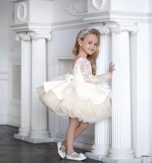 Customized Flower Girl Dresses Ivory Tulle Satin Sequin With Bow Long Sleeve For Wedding Pagant Birthday Holy Communion Gown