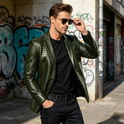 Men Crocodile Texture Leather Blazer Notched Lapel Slim Fit Single Breasted Suit Jacket Nightclub Party Business Outer Coat