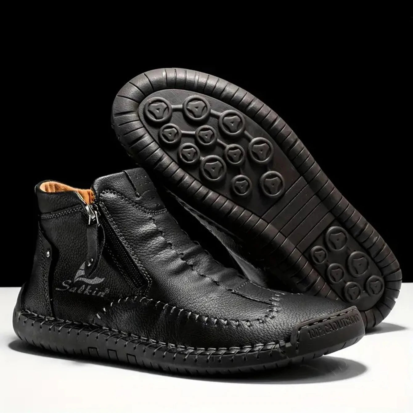 Men's Hand-Sewn High-Top Boots, Fashionable Side-Zip Casual Shoes, All-Season Outdoor Boots, Large Size Men's Shoes, Comfortable Bare Boots