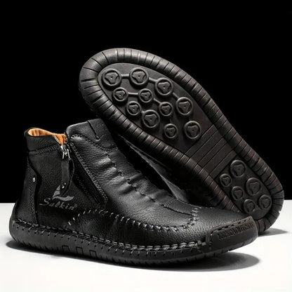 Men's Hand-Sewn High-Top Boots, Fashionable Side-Zip Casual Shoes, All-Season Outdoor Boots, Large Size Men's Shoes, Comfortable Bare Boots