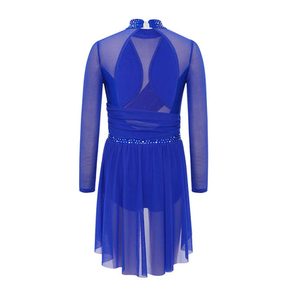 Kids Girls Gymnastics Figure Skating Ballet Lyrical Dance Costume Dress Side Split Sheer Mesh Ruched Glittery Rhinestones Dress
