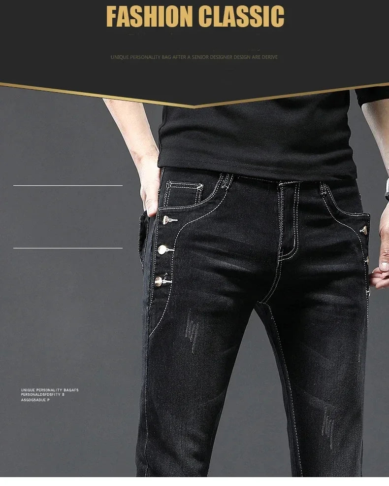 Men's Vintage Jeans Designer Korean Fashion Snowflake Wash Stretch Straight Pencil Pants Classic Slim Male Denim Trousers