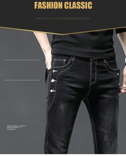 Men's Vintage Jeans Designer Korean Fashion Snowflake Wash Stretch Straight Pencil Pants Classic Slim Male Denim Trousers