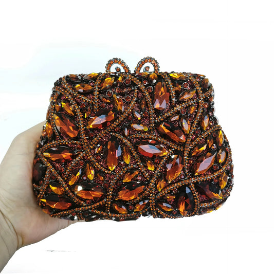 Women Elegant Brown Rhinestone Evening Bag Colorful Crystal Shoulder Clutch Fashion Bridal Handbag Wedding Party Purses