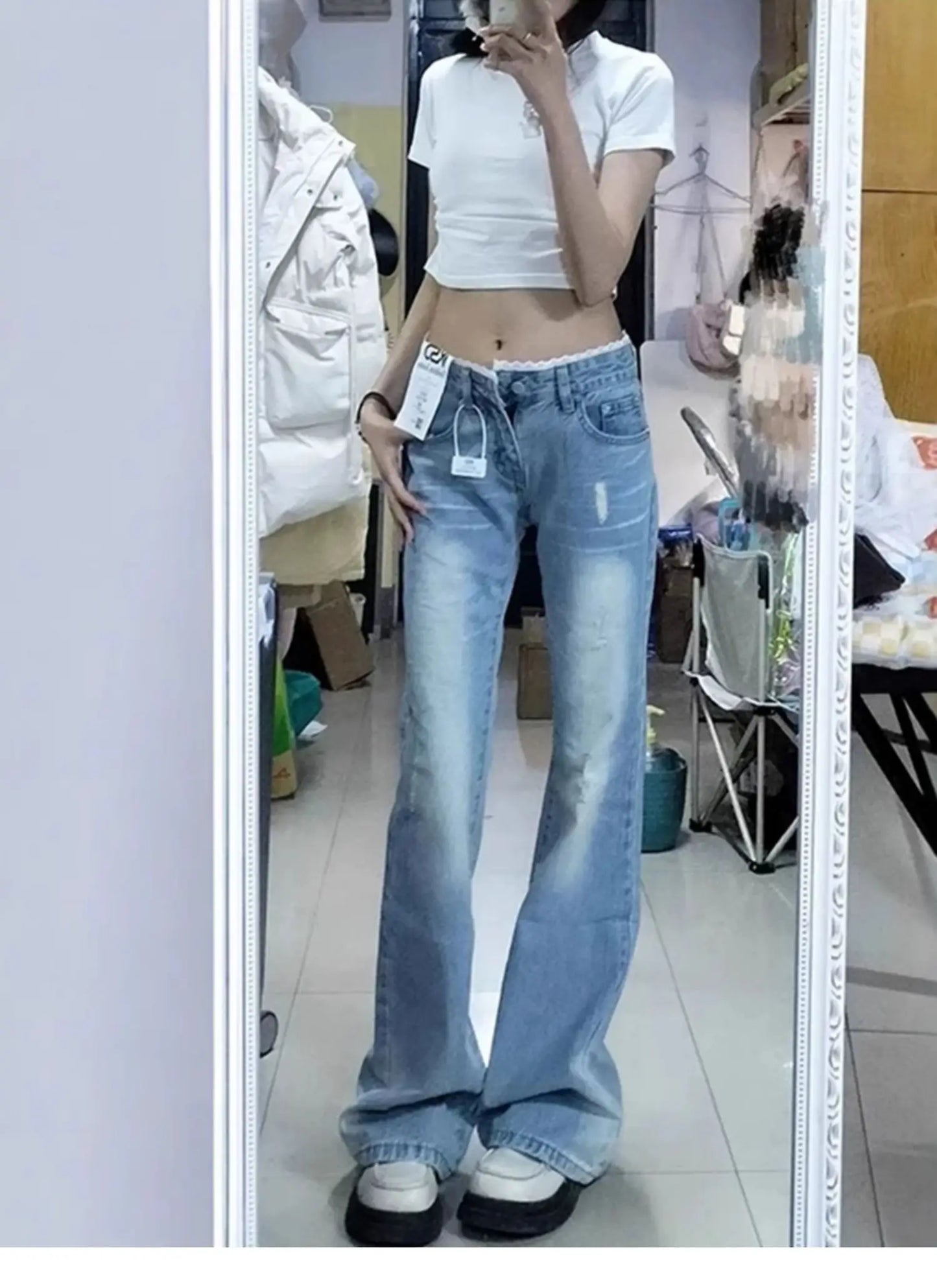 plus Size High Waist Blue Denim Jeans Women's Straight Leg Bootcut Pants Spring Summer Faion Retro American Sle