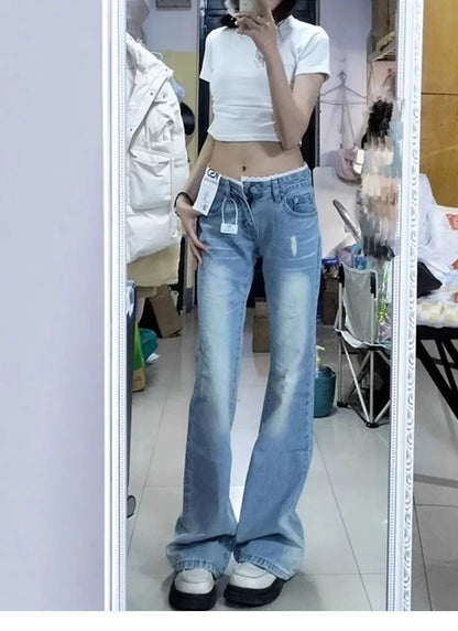 plus Size High Waist Blue Denim Jeans Women's Straight Leg Bootcut Pants Spring Summer Faion Retro American Sle